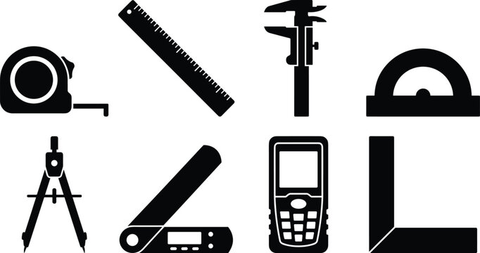 Measuring tools silhouette icon set featuring tape measure ruler vernier caliper protractor compass digital angle finder and square