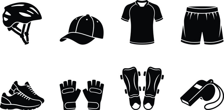 Sports clothing and gear icon set featuring helmet cap jersey shorts running shoes fitness gloves shin guards and whistle