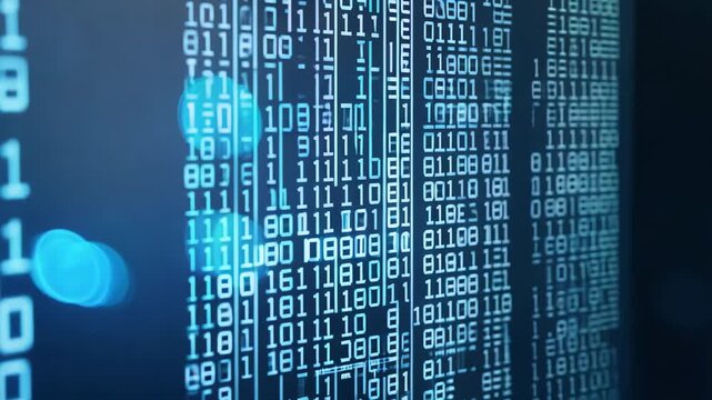 Digital binary code streams displayed on a dark background, showcasing a continuous flow of data with glowing blue elements and varying patterns of numbers