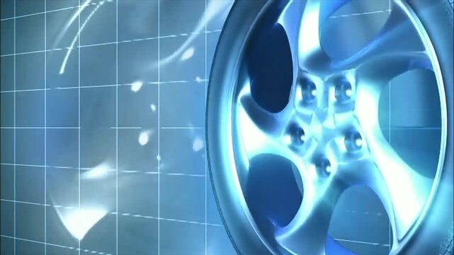 A glowing, sleek wheel with intricate spokes is showcased against a dynamic, gridded blue background. Its radiant light and modern design evoke advanced technology and powerful, precise motion.