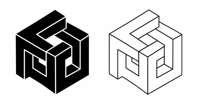 Impossible geometric shapes, black and white optical illusions