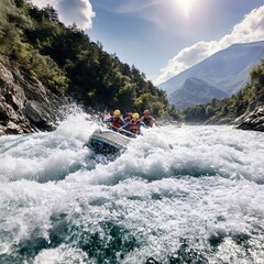 Fototapeta premium Cinematic White Water Rafting Adventure on Tama River with Lush Mountain Landscape and Action Splash