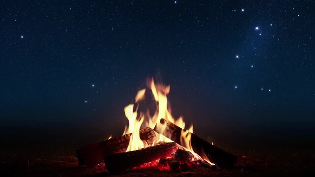 Campfire starlit sky with glowing embers