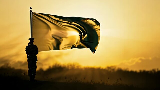 Soldier in military uniform stands proudly holding a flowing flag against a vibrant sunset backdrop, showcasing the flag's movement and the soldier's silhouette