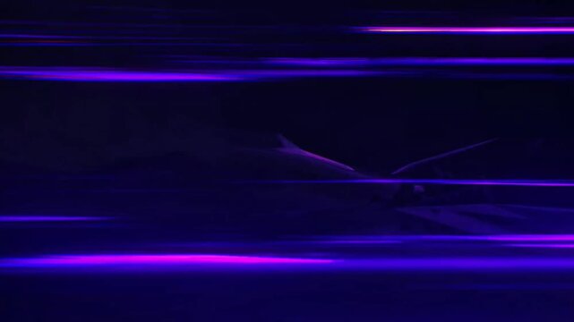 A vibrant, glowing form of a speedy vehicle streaks through darkness, enveloped in purple energy. Its rapid motion creates luminous trails reflecting on the dark surface below.