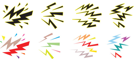 Set of comic style lightning bolt and explosion vector icons. Colorful cartoon lightning bolts and dynamic spark blast symbols © fatima