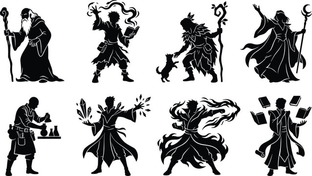Fantasy Wizard and Mage Silhouette Bundle with Magic Spellcasting Alchemy and Mystic Character Vector Collection