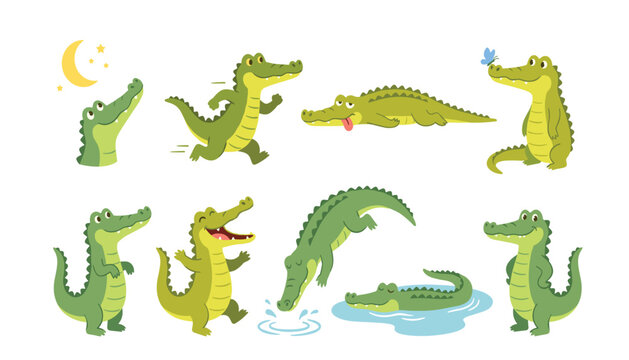 Cute cartoon crocodile character vector set featuring happy green alligators running jumping swimming and playing with butterfly