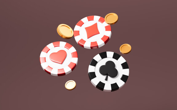 Colorful casino chips and playing cards with dices and golden coins. 3d rendering.