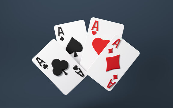 Set of four aces playing cards suits. Set of hearts, spades, clubs and diamonds ace. 3d rendering.
