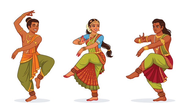 Indian classical dancers vector illustration set featuring cartoon characters performing traditional Bharatanatyam and Odissi dance poses in costume