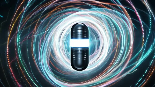 Black capsule with glowing white stripe rotates within swirling light patterns, creating a dynamic visual effect in a dark, abstract environment