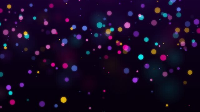 Vibrant Glowing Bokeh Particles Background. A seamless loop animation of colorful floating circles on a dark background, perfect for festive events, magic overlays, and creative motion graphics