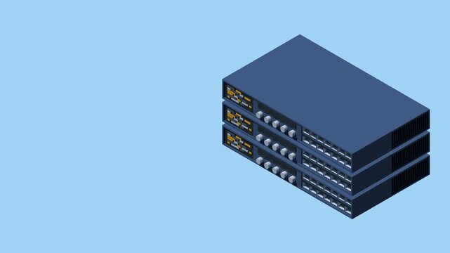 3D isometric server animation. Server network equipment. Computer network technology. Storage database. Isometric technology. 4K video animated in isometric style