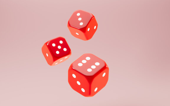 Red dices with white dots set. Pipped dices with rounded corners.Die for casino craps, table or board game. 3d rendering.