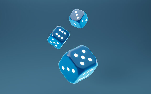 Blue dices with white dots set. Pipped dices with rounded corners.Die for casino craps, table or board game. 3d rendering.