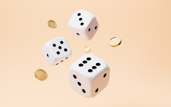 White dices with black dots set and splashing coins. Die for casino craps, table or board game. 3d rendering.