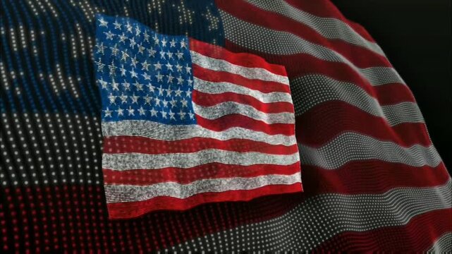 A luminous, pixelated banner, with red, white, and blue elements, gently waves. Its star-filled field and flowing stripes evoke a sense of national pride against a dark backdrop.