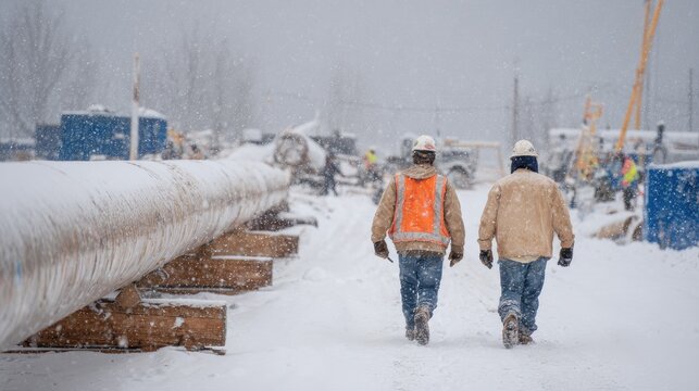 Workers in hard hats walk on a snowy construction site with large pipes