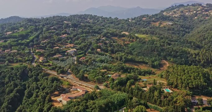 Tanneron France Aerial v16 establishing shot of hillside house estate at les mauberts and beautiful unspoiled natural landscape at daytime - July 2021