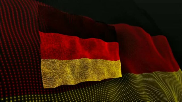 A dynamic, pixelated banner, with horizontal black, red, and yellow bands, gracefully waves. Glowing dots create a modern, abstract representation against a dark, minimalist background.