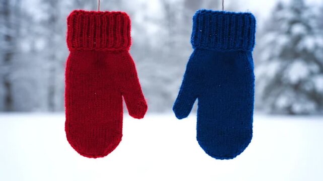 Red and blue winter mittens hanging against a snowy forest background.