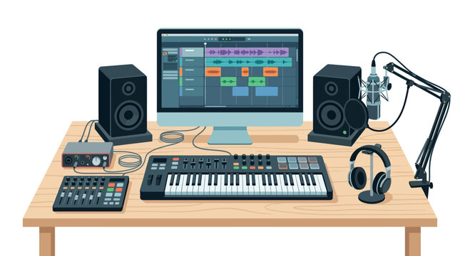 Modern music production workstation with keyboard, monitor speakers and digital audio software in flat vector style.