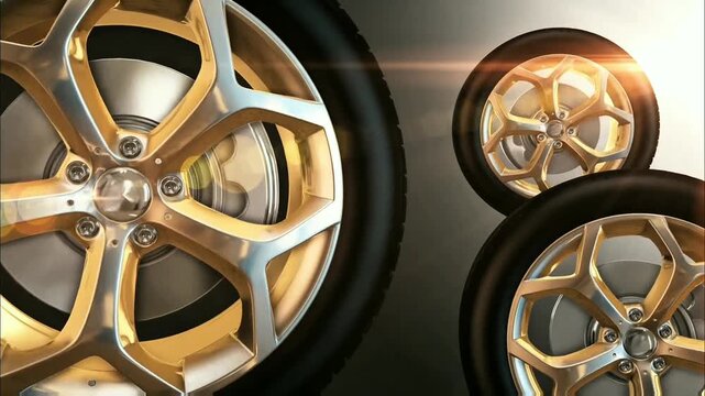 Gleaming wheels, featuring intricate golden and silver alloy designs, shine brightly. Their polished surfaces and robust tires suggest premium automotive engineering, ready for dynamic performance.