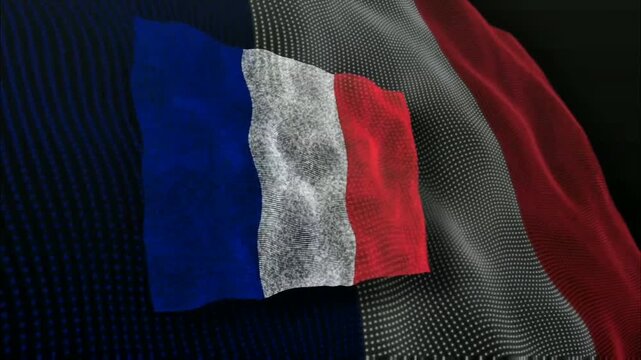A dynamic, abstract banner with blue, white, and red sections, rendered in a pixelated, waving pattern against a dark background. It evokes a sense of digital motion.