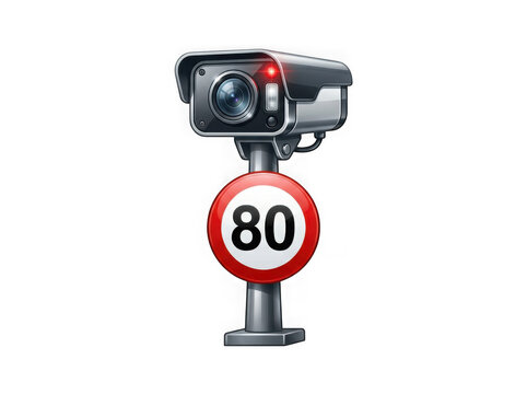 Security camera on pole with speed limit sign isolated on transparent background