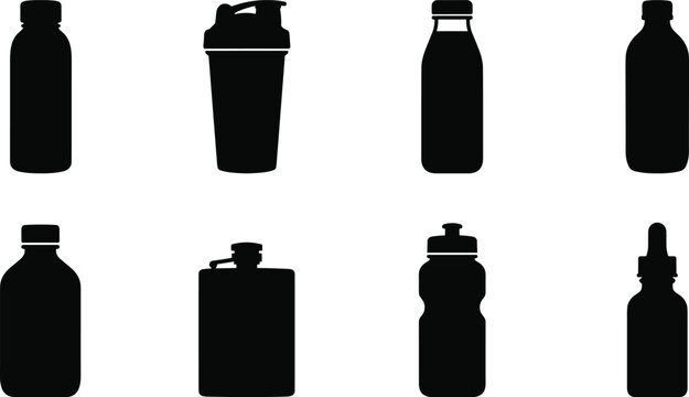 Black bottle and beverage container silhouette set isolated on white background for packaging, fitness, and cosmetic designs