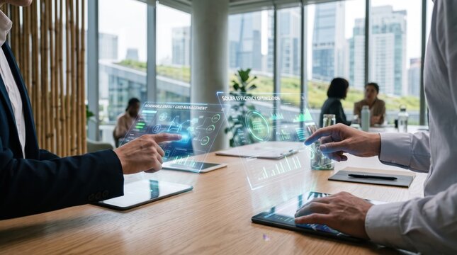 Business team analyzing smart grid optimization and renewable energy integration using futuristic holographic interface in modern office