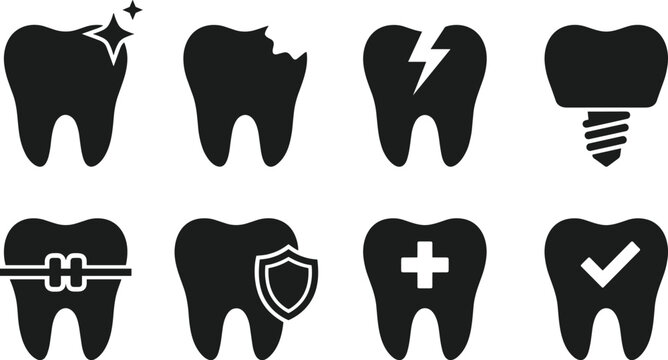 Professional dental checkup and patient treatment icons set featuring dentist examination, braces installation, and oral hygiene care.