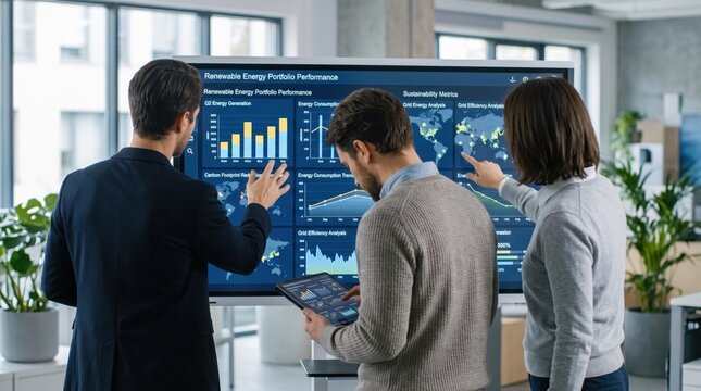 Business team analyzing renewable energy portfolio performance on large digital screen in modern office, sustainability metrics and data visualization charts