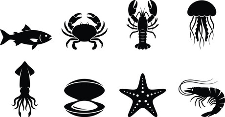 Set of seafood and marine life black glyph icons featuring fish crab lobster jellyfish squid oyster starfish and shrimp © Shariful