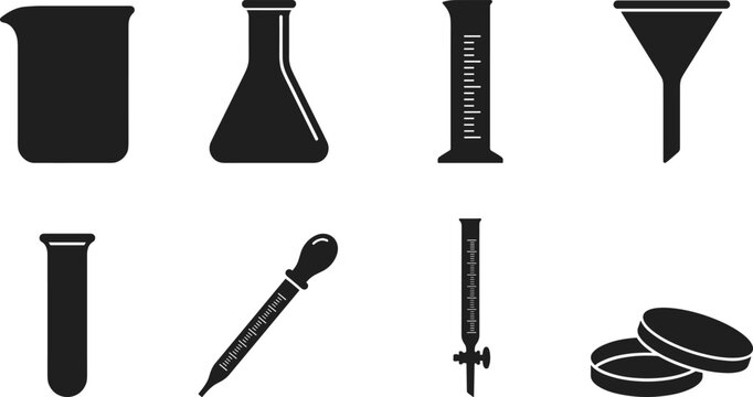 Set of laboratory glassware black glyph icons featuring beaker erlenmeyer flask graduated cylinder funnel test tube pipette burette and petri dish