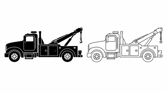 Tow truck silhouette and outline set, flat vector vehicle icons
