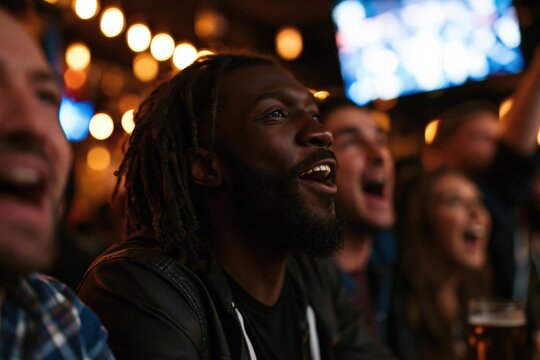 Diverse friends cheering while watching a football match in a bar