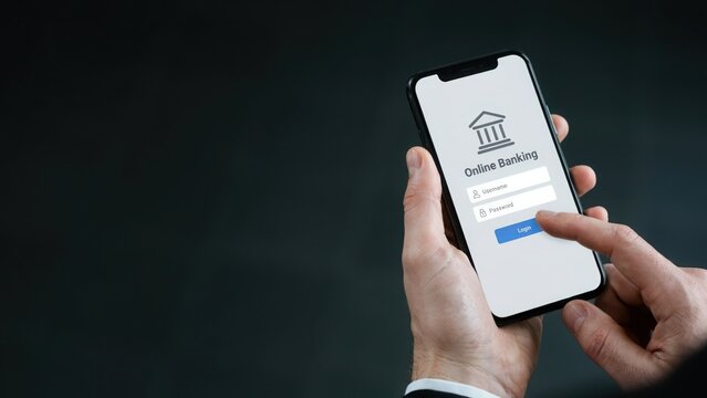 Person holding a smartphone with an online banking login page on the screen
