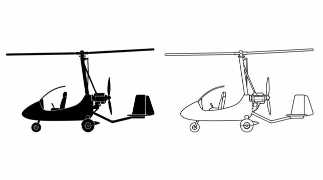 Autogyro silhouette and line art set, isolated design elements