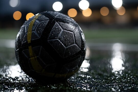 Soccer ball on wet grass during game night