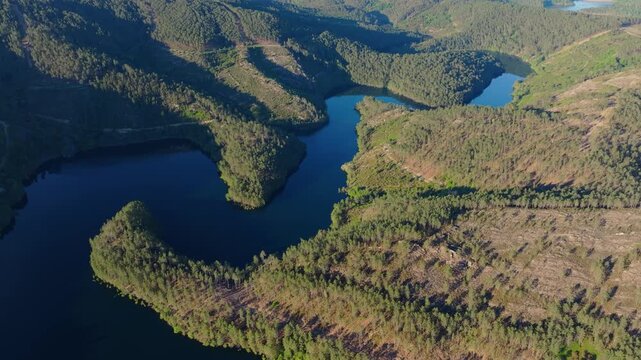 Avia River Valley And Surrounding Galician Villages At Mirador de San Vicente In Avi&oacute;n, Ourense Province Of Galicia, Spain. Aerial Drone Shot