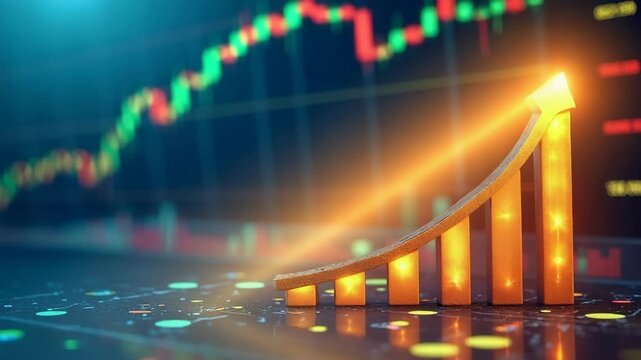 Stock market graph with upward trend, indicating growth and potential investment in financial industry. Background is digital display data points on trading charts. algorithmic trading bots, AI