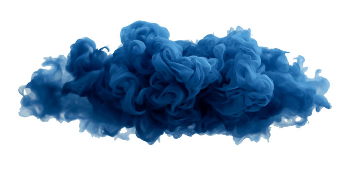 Abstract blue ink cloud with flowing smoke texture swirling in water on transparent background, creating a dynamic liquid pigment explosion with elegant fluid motion and artistic abstract form.