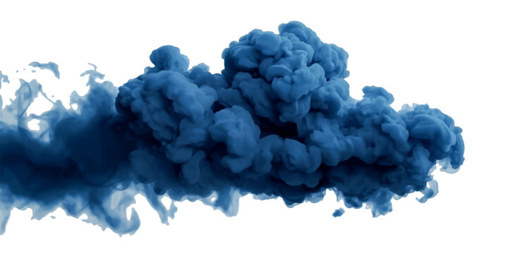 Abstract blue ink swirling in water with transparent background creating a fluid cloud shape, flowing smoke texture, liquid pigment explosion and smooth ethereal curves for artistic design.