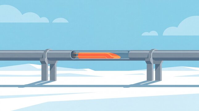 Futuristic high speed hyperloop vacuum tube train traveling through winter landscape