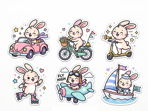 Cute Kawaii Rabbit Sticker Collection with Fun Vehicles for Planner, Kids and Print on Demand Designs