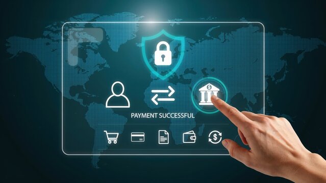 Person touching a digital screen showing a successful online bank payment process