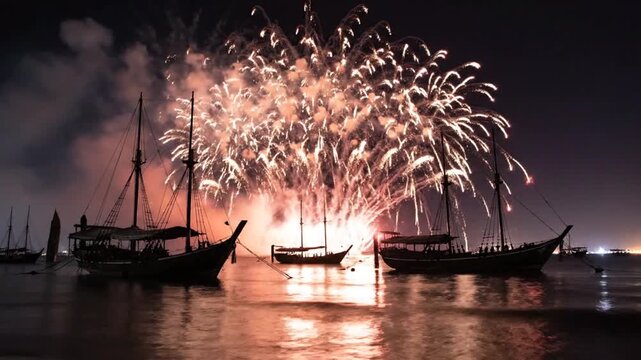 Spectacular Fireworks Display Over Traditional Boats at Night