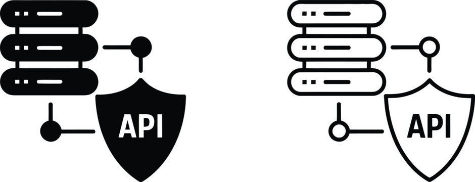 API security icon set with solid black and outline server database storage with protective shield network connection symbol collection